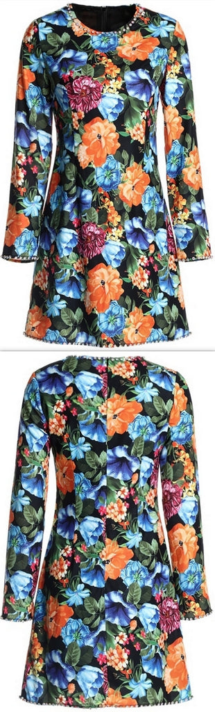 Floral Printed Rhinestone-Trimmed Long-Sleeved Mini Dress