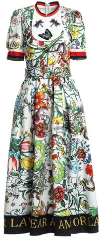 Butterfly-Beaded Lace-Bib Garden Print Midi Dress, White - DESIGNER INSPIRED FASHIONS