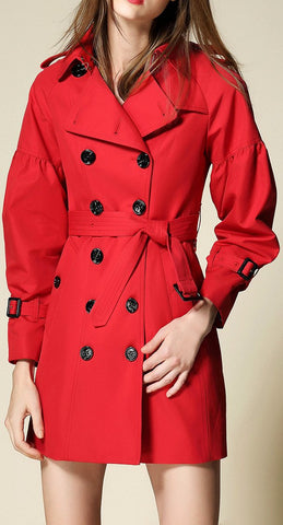 Draped-Shoulder Short Trench Coat, Red - DESIGNER INSPIRED FASHIONS