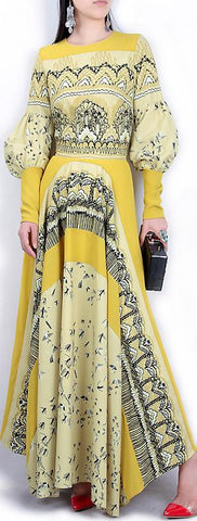 Balloon-Sleeve Printed Gown, Yellow - DESIGNER INSPIRED FASHIONS