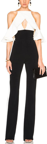Black & White Open-Shoulder Ruffle Jumpsuit - DESIGNER INSPIRED FASHIONS