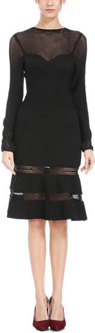 Mesh-Paneled Long-Sleeve Bandage Dress
