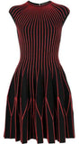 Capped-Sleeve Knitted Dress, Black and Red