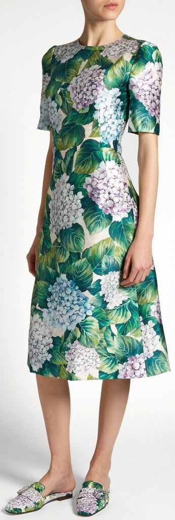 Hortensia Print A-line Shantung Dress - DESIGNER INSPIRED FASHIONS