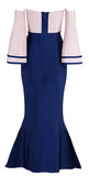 Color-Contrast Button-Embellished Off-the-Shoulder Stretch Midi Dress