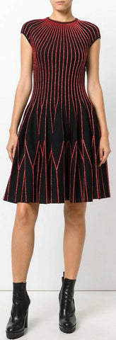 Capped-Sleeve Knitted Dress, Black and Red