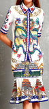 Japanese Print Short-Sleeve Shirt and Flared Skirt Set