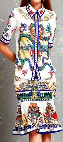 Japanese Print Short-Sleeve Shirt and Flared Skirt Set
