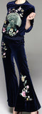 Embroidered Velvet Top & Flared Pant Set - Blue or Green