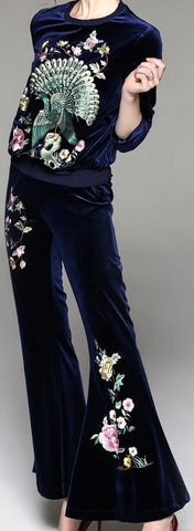 Embroidered Velvet Top & Flared Pant Set - Blue or Green