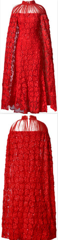 Lace & Mesh Gown with Cape