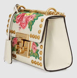 Padlock Embroidered Leather Shoulder Bag, White - DESIGNER INSPIRED FASHIONS