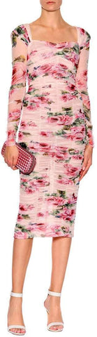 Ruched Rose Print Dress