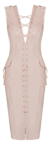 Lace-up Sleeveless Knee-Length Bodycon Dress, Nude - DESIGNER INSPIRED FASHIONS