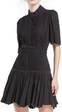 Black Studded Pleated Back-Lace-Up Mini Dress