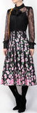 Black Lace and Floral Pleated Midi Dress