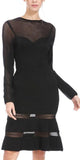 Mesh-Paneled Long-Sleeve Bandage Dress
