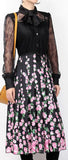 Black Lace and Floral Pleated Midi Dress