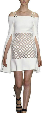 Off-the-Shoulder Strappy Lattice Dress, White - DESIGNER INSPIRED FASHIONS