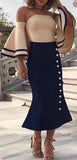 Color-Contrast Button-Embellished Off-the-Shoulder Stretch Midi Dress