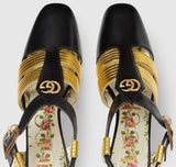 Leather Mid-Heel T-Strap Sandal - Black and Gold