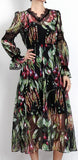 Black Vegetable-Printed Chiffon Midi Dress