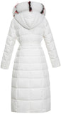 Striped-Fur-Hooded Long Puffer Coat,  White