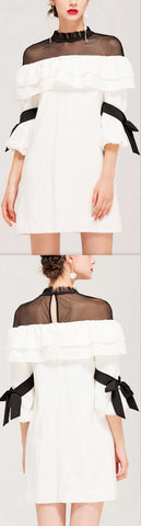 Ruffle White Mini Dress with Black Mesh Contrast
