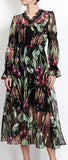 Black Vegetable-Printed Chiffon Midi Dress