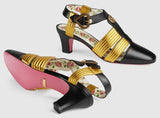 Leather Mid-Heel T-Strap Sandal - Black and Gold