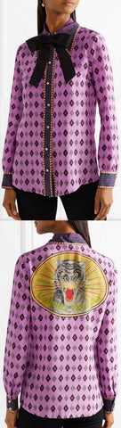 Bow-Embellished Printed Crepe de Chine Shirt