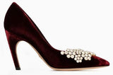 High-Heel Velvet Pump with Rhinestones - Burgundy or Black