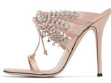 Satin Mule Sandals with Crystals - Nude, Fuchsia Pink, Black or Light Blue