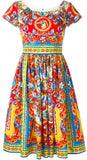 'Carretto' Print Cap-Sleeve Dress - DESIGNER INSPIRED FASHIONS