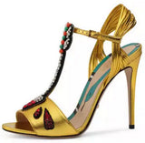 Crystal-Embellished Metallic Leather Sandals