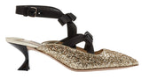 Glitter and Bow-Embellished Point-Toe Mules - Silver or Gold