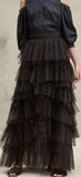 Pleated Tulle Feather Flounces Long Skirt, Black