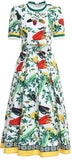 Short-Sleeve Vegetable Print Midi Dress, White