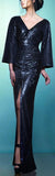 Ruched V-Neck Sequin-Embellished Gown, Dark Blue