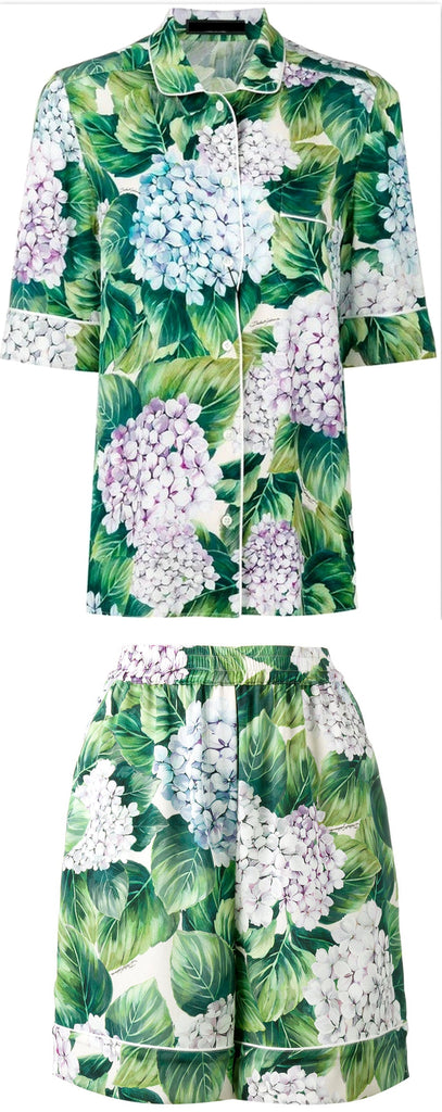 Hydrangea Print Silk Pajama Top & Short Set - DESIGNER INSPIRED FASHIONS