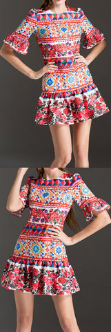'Mambo' Printed Fluted Sleeve & Hem Mini Dress - DESIGNER INSPIRED FASHIONS