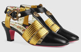 Leather Mid-Heel T-Strap Sandal - Black and Gold