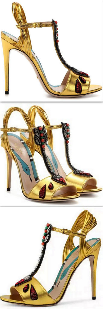 Crystal-Embellished Metallic Leather Sandals