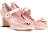 Crystal-Embellished Velvet Pumps, Black or Pink