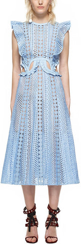 Embroidered Cutout Midi Dress, Light Blue - DESIGNER INSPIRED FASHIONS