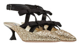 Glitter and Bow-Embellished Point-Toe Mules - Silver or Gold