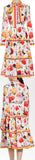 Floral-Print Shirt with Necktie & Matching Midi Skirt