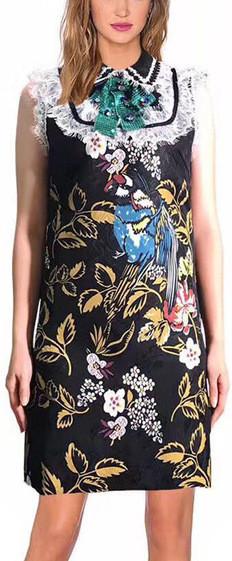 Embellished-Bow Lace-Bib Collar Printed Jacquard Dress - Black or White - DESIGNER INSPIRED FASHIONS