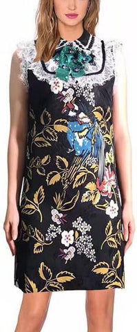 Embellished-Bow Lace-Bib Collar Printed Jacquard Dress - Black or White - DESIGNER INSPIRED FASHIONS
