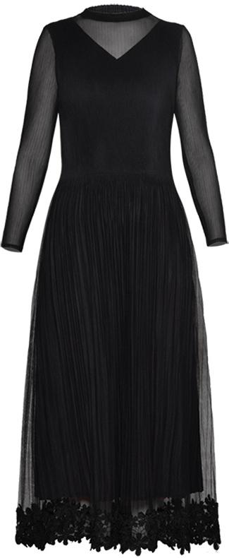 Plisse Lace-Trim Stretch Midi Dress, Black